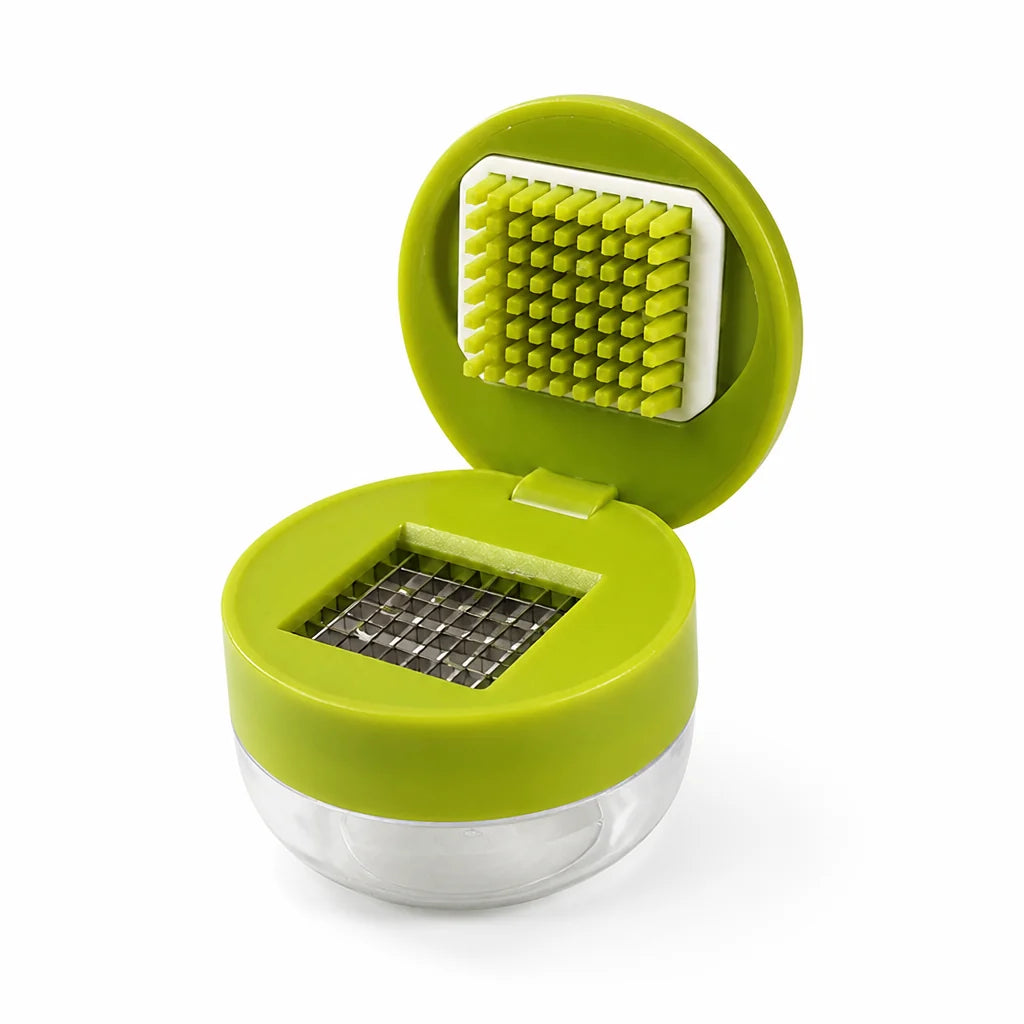 Fine garlic press with clear container