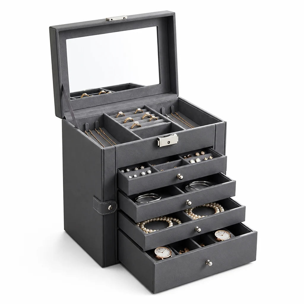 Six-Tier Jewelry Organizer with Velvet Lining (Built-in Mirror & Lock)