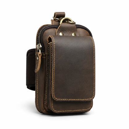 Full-grain cowhide leather waist bag with magnetic flap and zipper