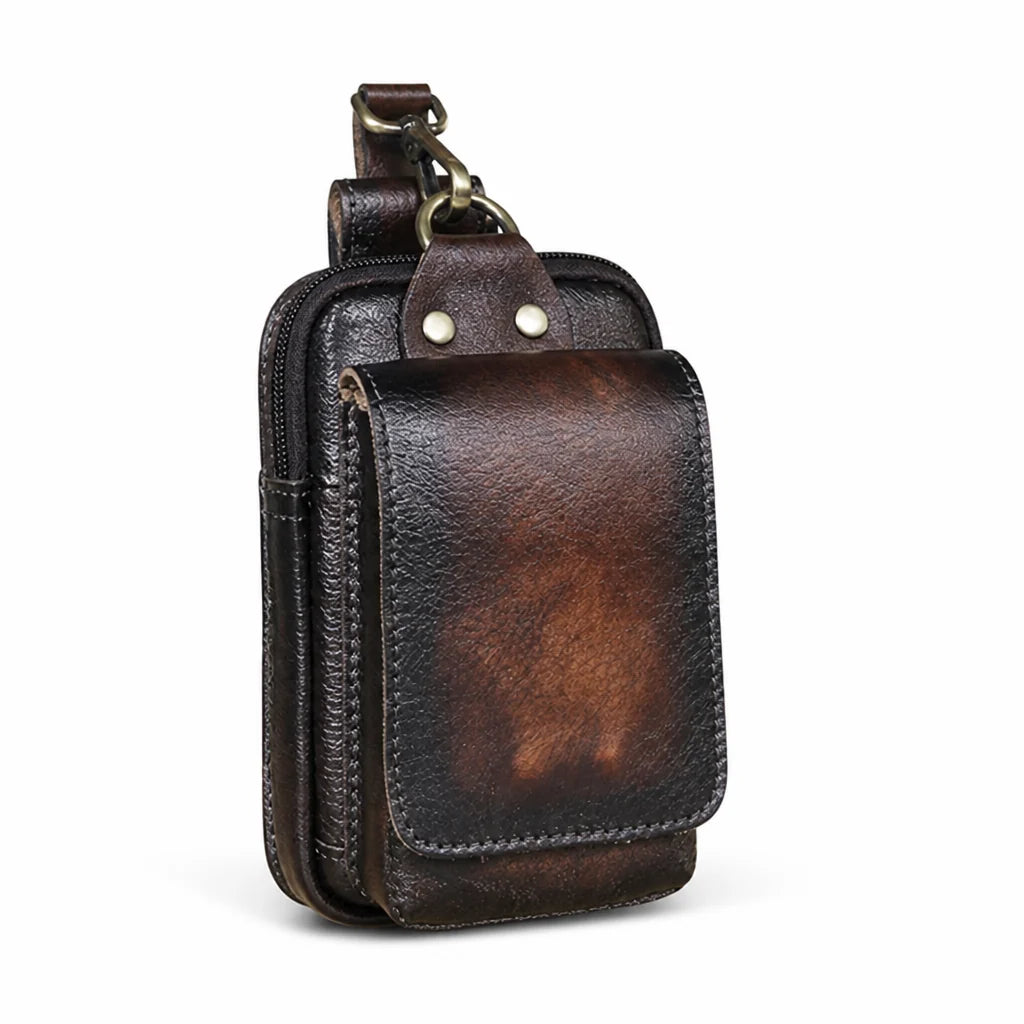 Full-grain cowhide leather waist bag with magnetic flap and zipper