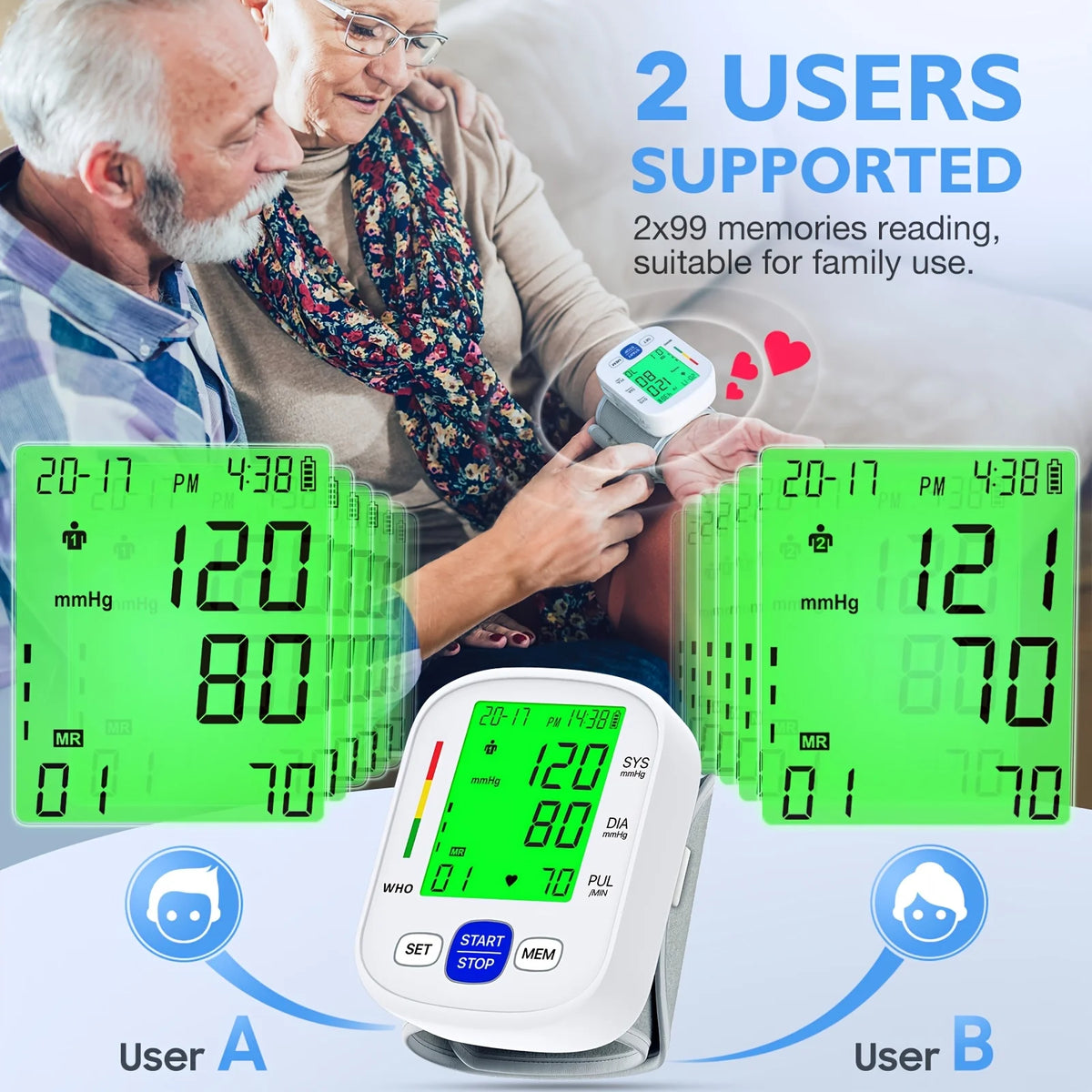 Wrist Blood Pressure Monitor with Illuminated Display