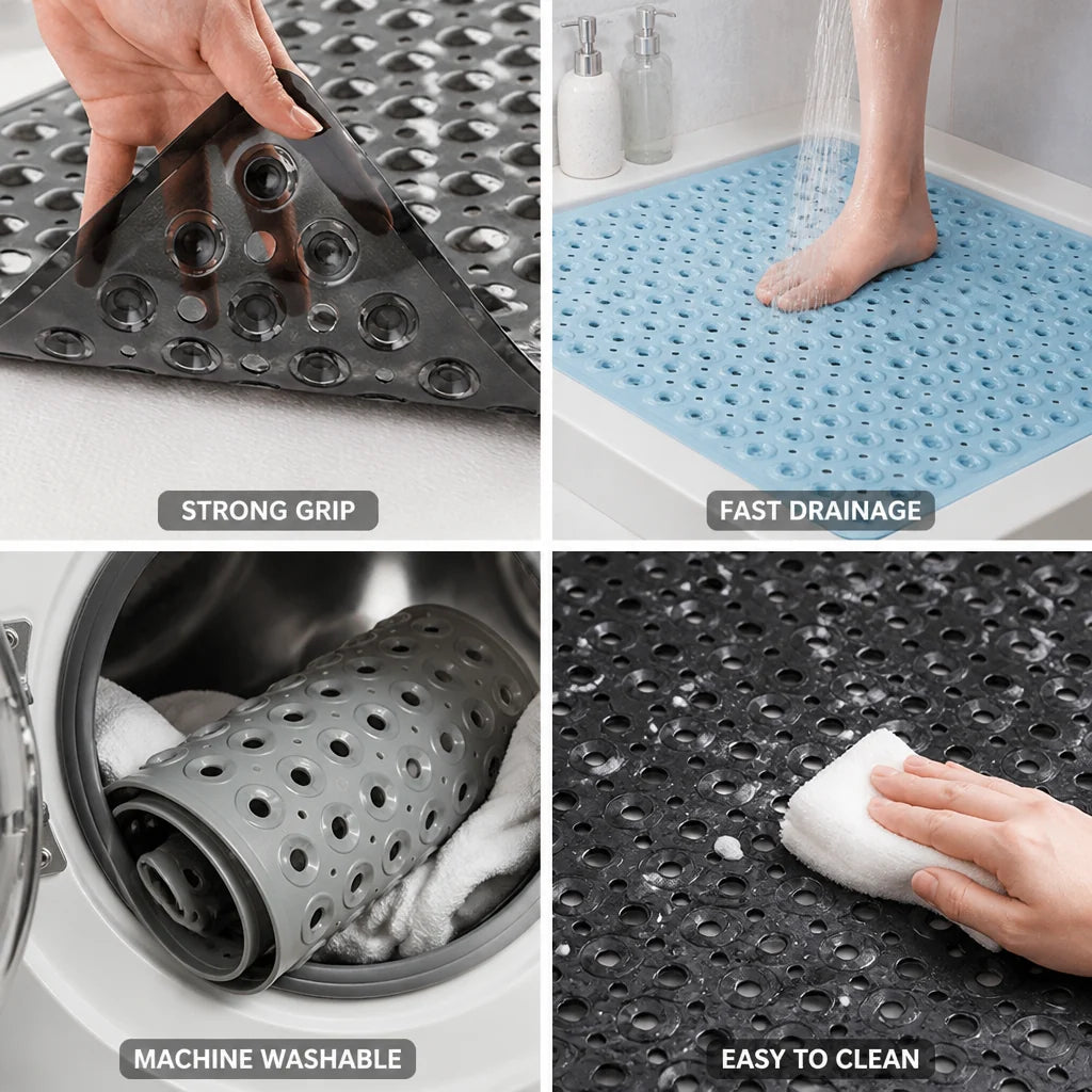 Non-slip Shower Mat with Suction Cups & Quick Drainage (Machine Washable)