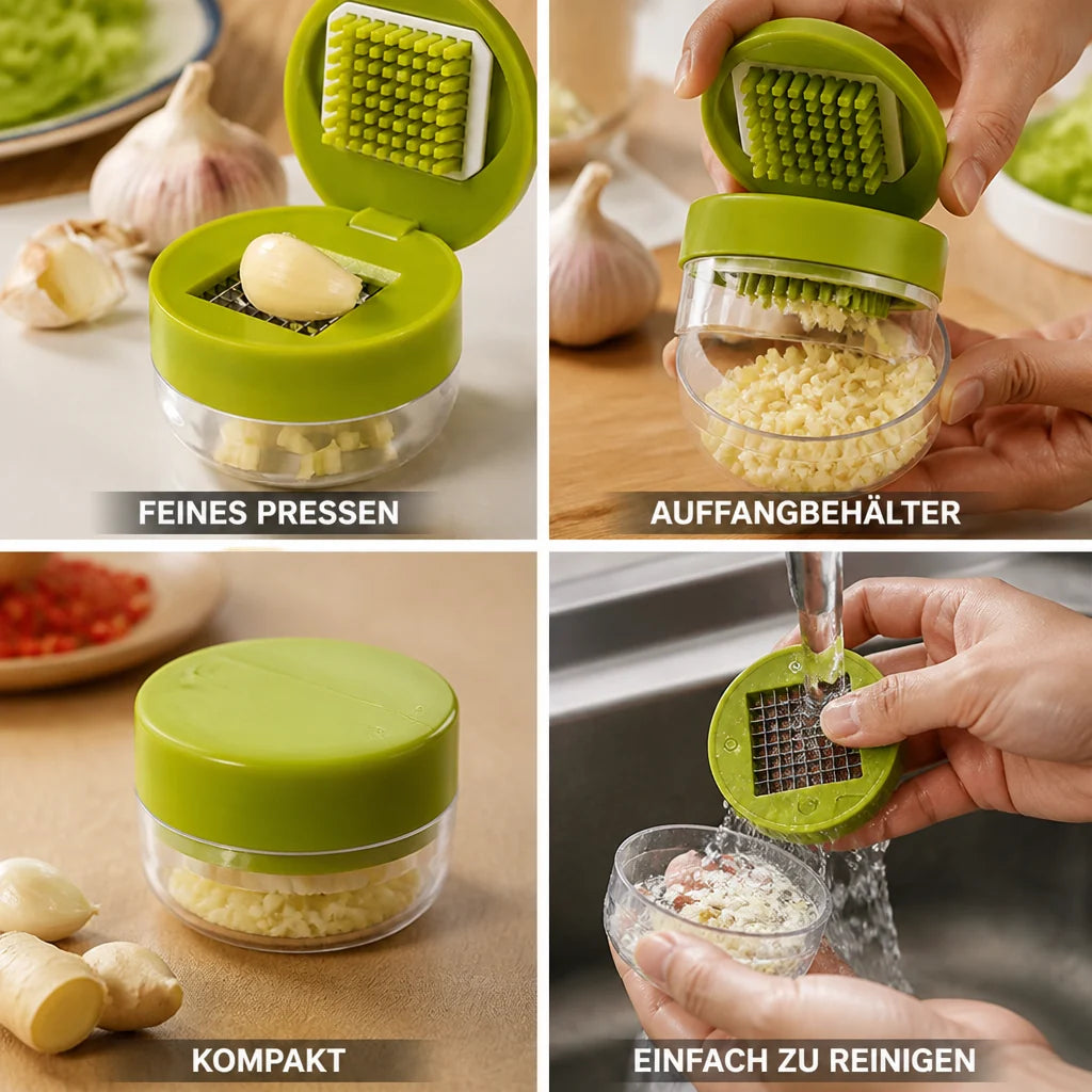 Fine garlic press with clear container