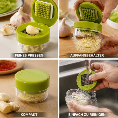 Fine garlic press with clear container