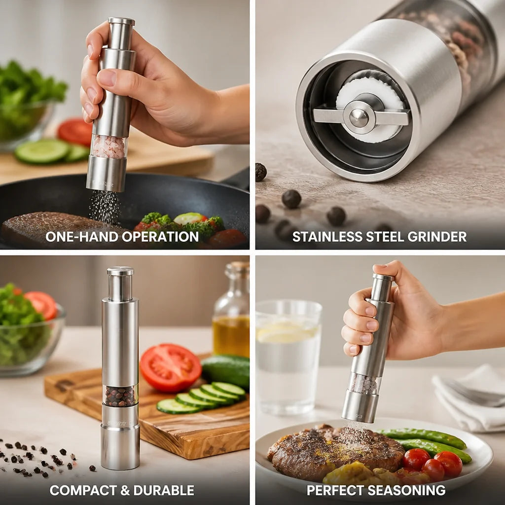 Single-Handed Stainless Steel Salt and Pepper Grinder (2-Pack)