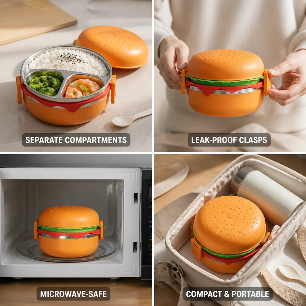 Microwave-Safe Stackable Hamburger Lunchbox (with Cutlery)