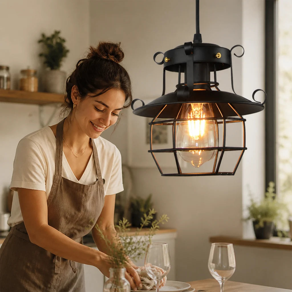 Vintage Industrial Pendant Light with Open Metal Cage (Adjustable Cable)