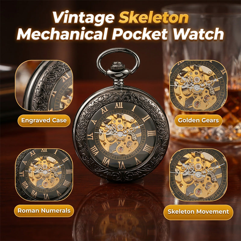 Mechanical Pocket Watch with Floral Engraving Design