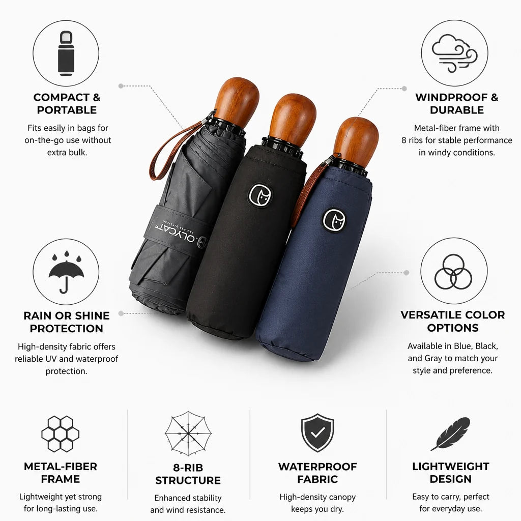 Foldable umbrella with 8 metal fiber ribs