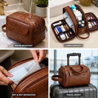 Water-Resistant PU Leather Toiletry Bag with Large Capacity (Wet & Dry Compartments)