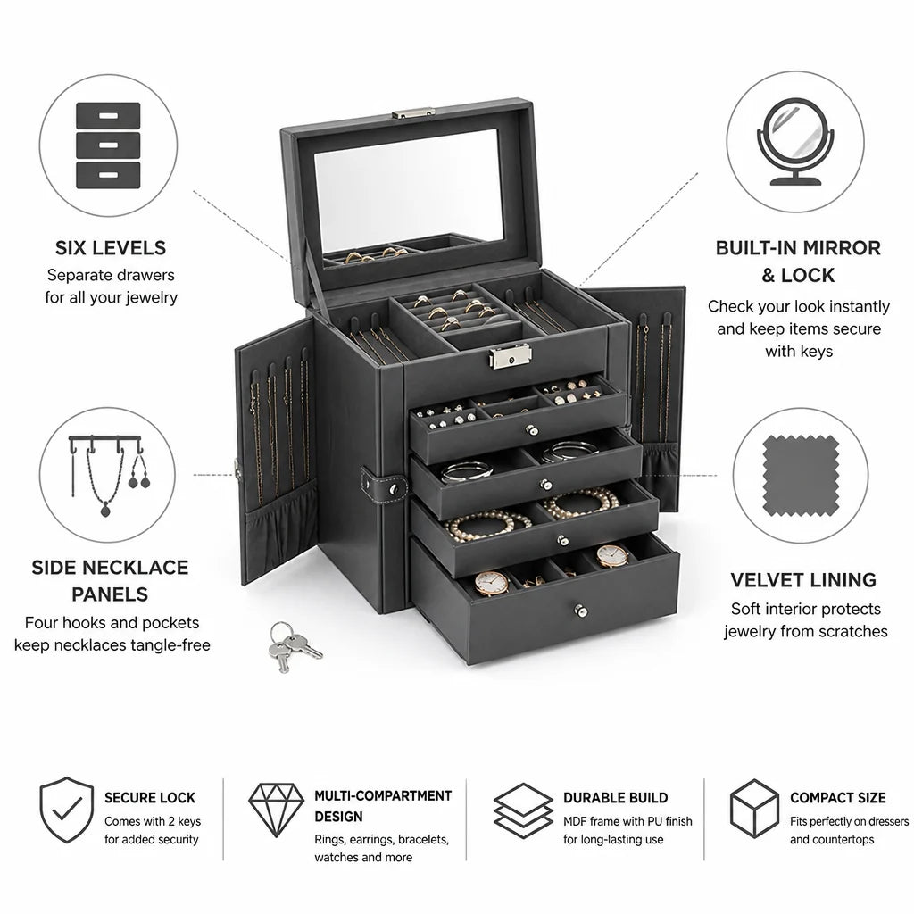 Six-Tier Jewelry Organizer with Velvet Lining (Built-in Mirror & Lock)