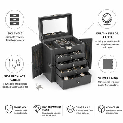 Six-Tier Jewelry Organizer with Velvet Lining (Built-in Mirror & Lock)