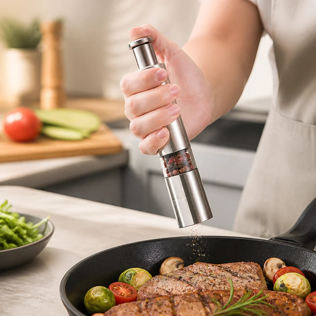 Single-Handed Stainless Steel Salt and Pepper Grinder (2-Pack)