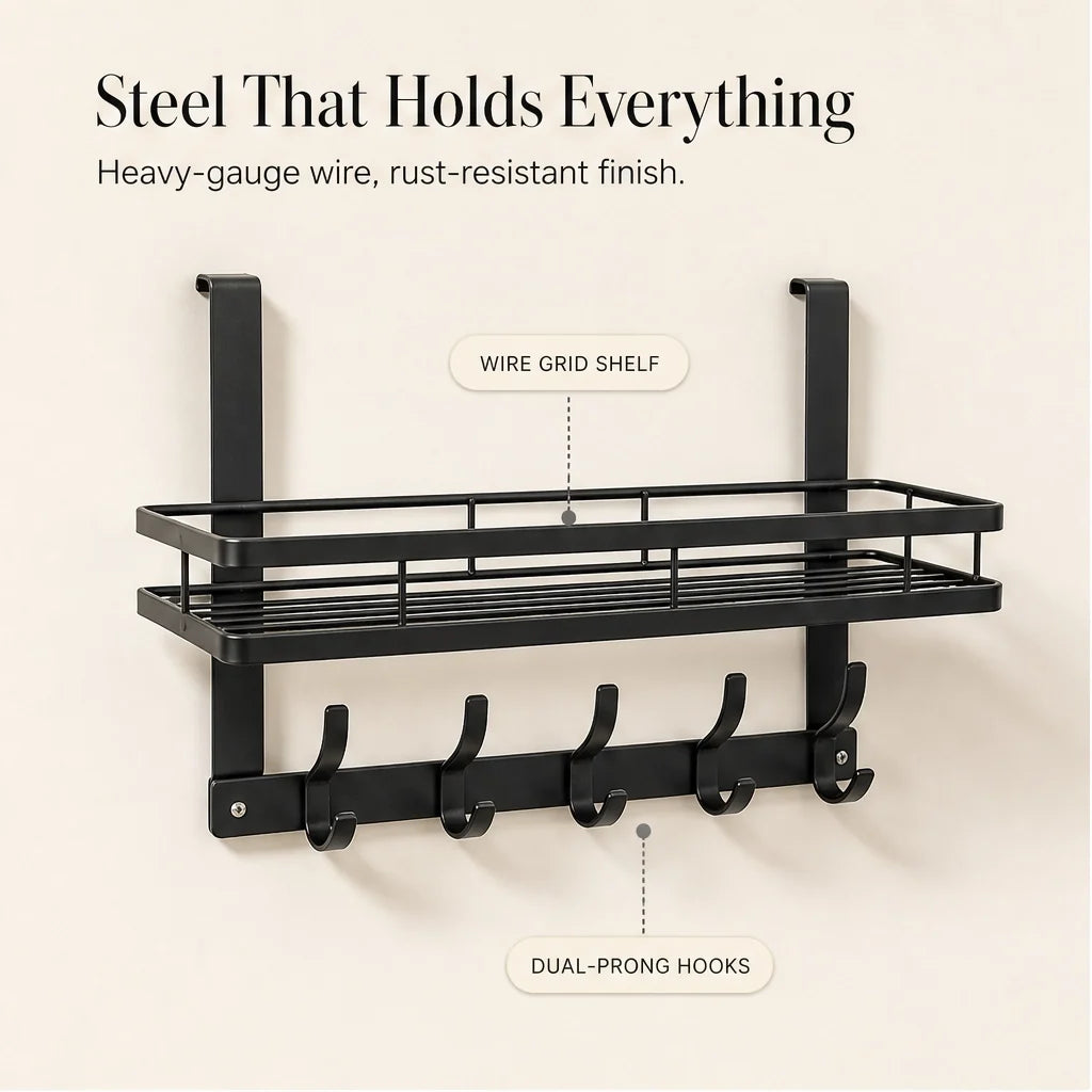 Door shelf without drilling – basket & hooks