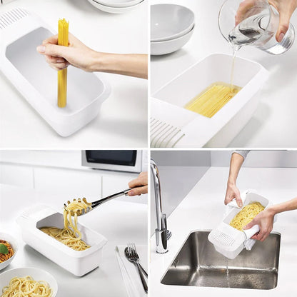 Microwave noodle cooker with integrated strainer lid
