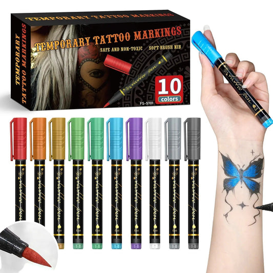 Temporary Tattoo Markers – 10 Colors Brush Tip