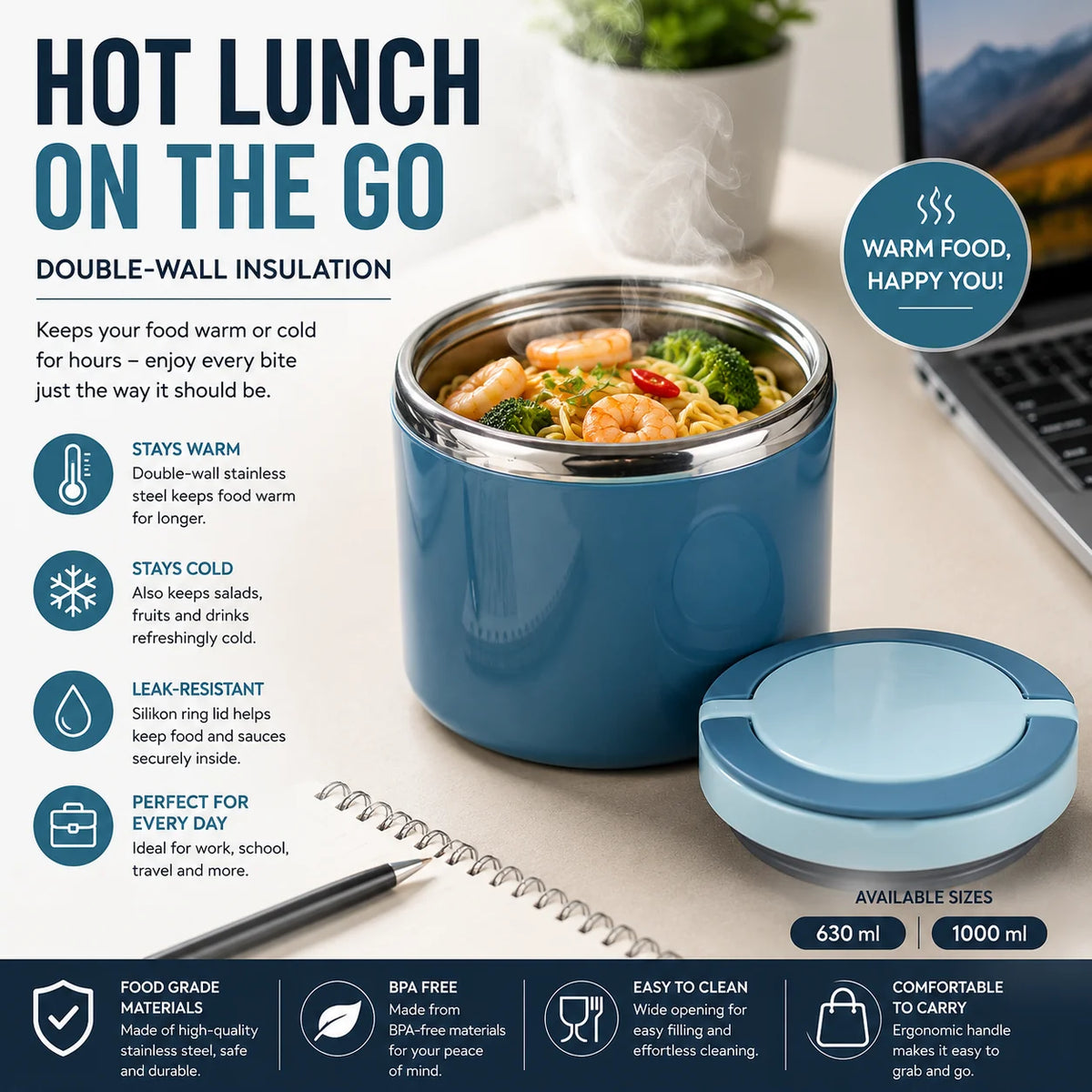 Thermo Lunchbox Stainless Steel with Handle – 630 ml & 1000 ml