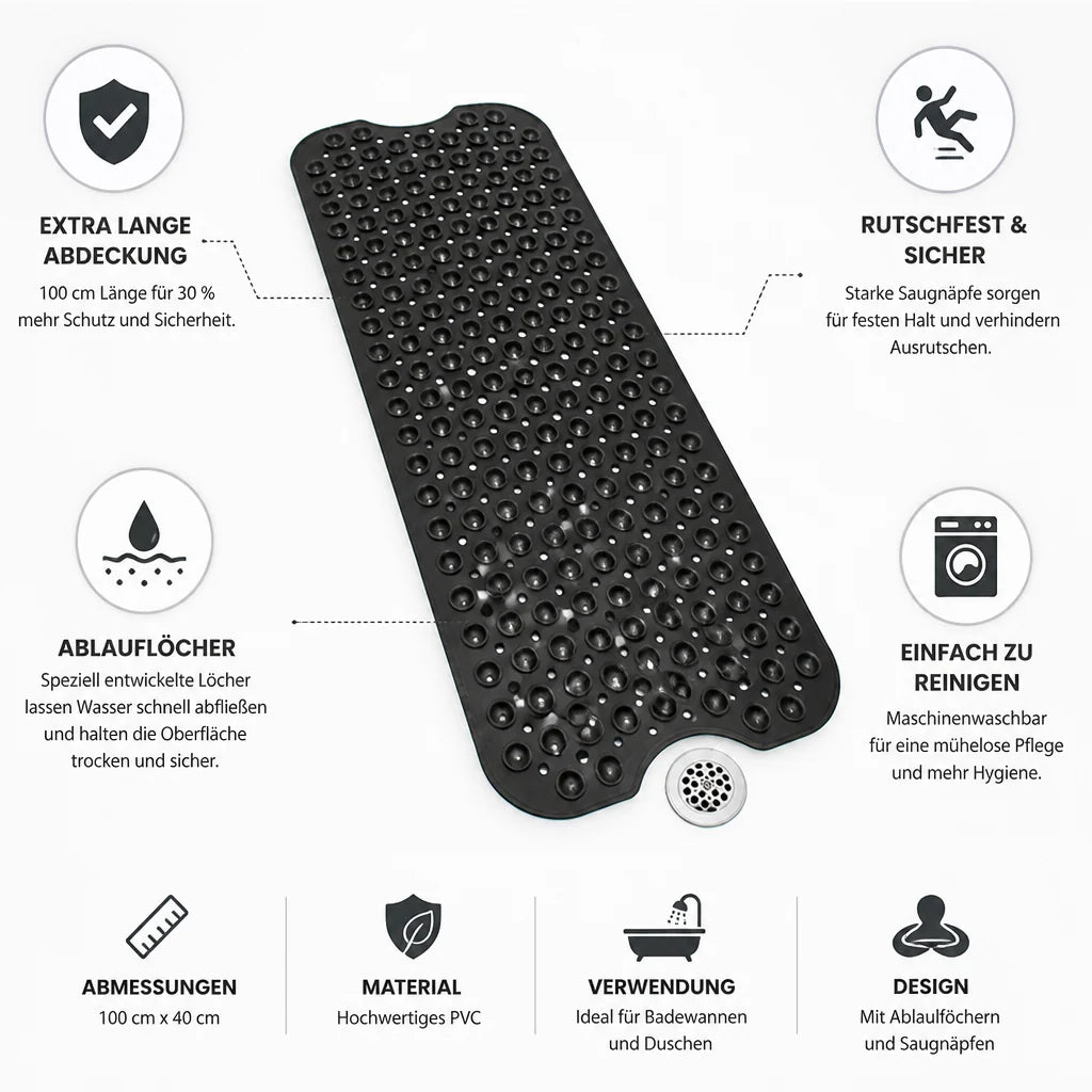 Extra-long Non-slip Bath Mat (Suction Cups & Drain Holes)
