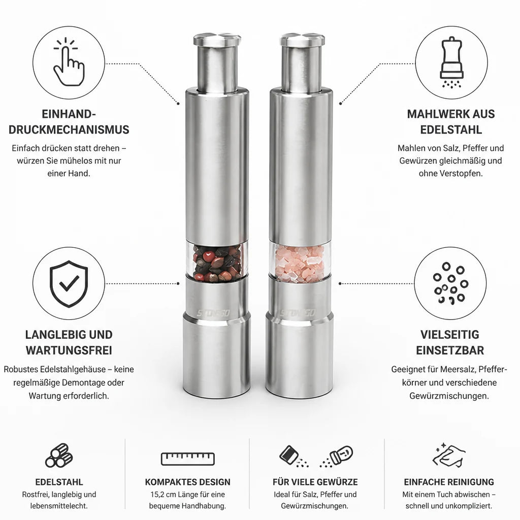 Single-Handed Stainless Steel Salt and Pepper Grinder (2-Pack)