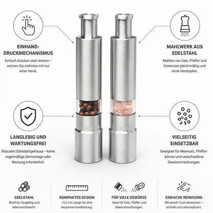 Single-Handed Stainless Steel Salt and Pepper Grinder (2-Pack)