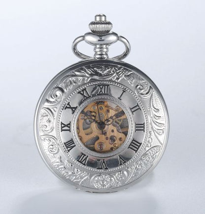 Mechanical Pocket Watch with Floral Engraving Design