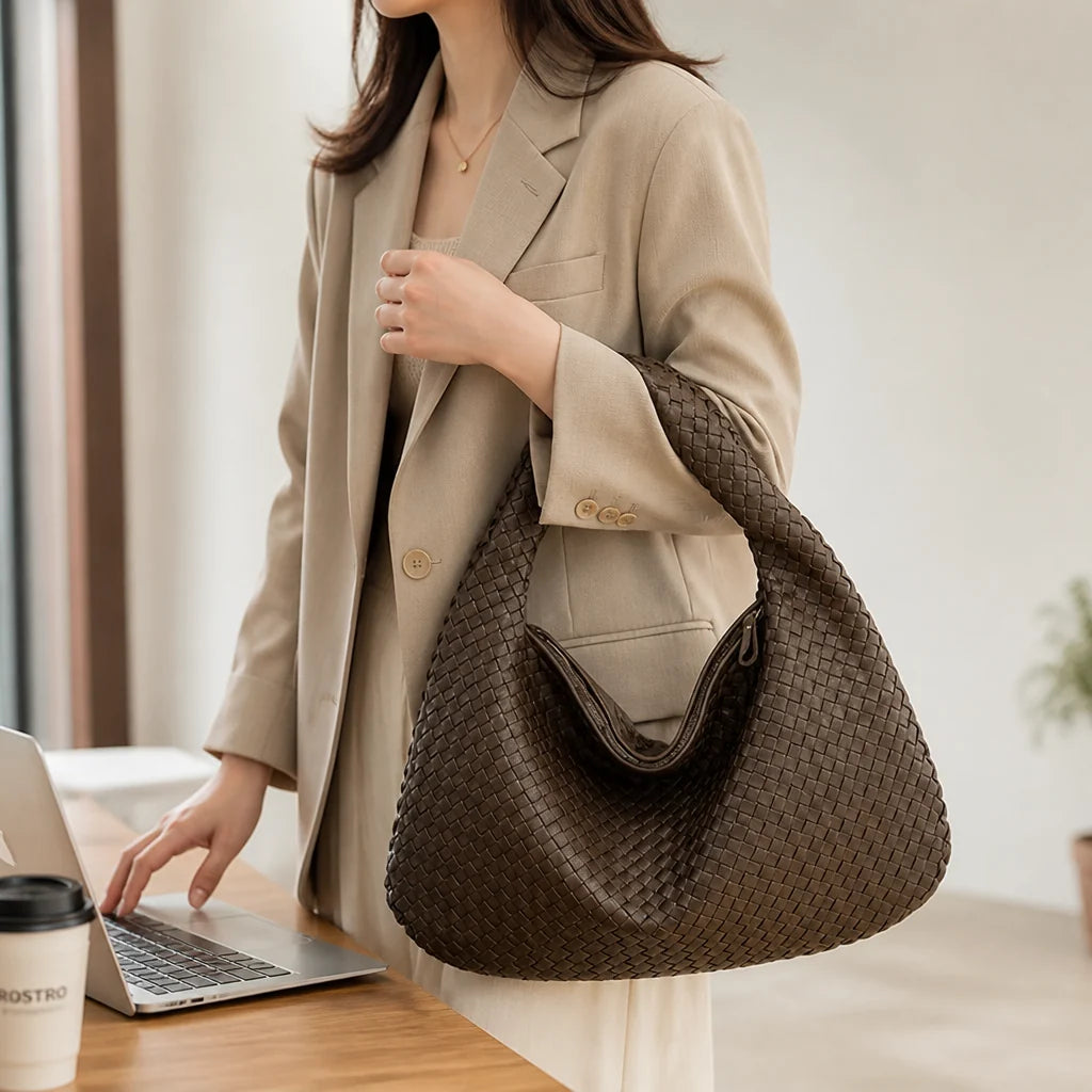 Woven Vegan Leather Laptop Shoulder Bag