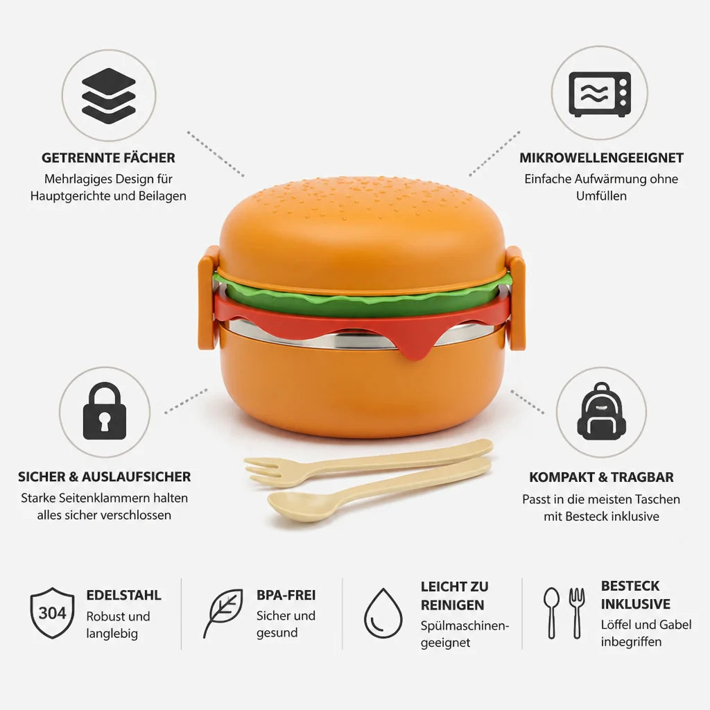 Microwave-Safe Stackable Hamburger Lunchbox (with Cutlery)