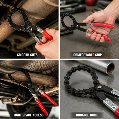 Compact ergonomic pipe cutter pliers with chain roller