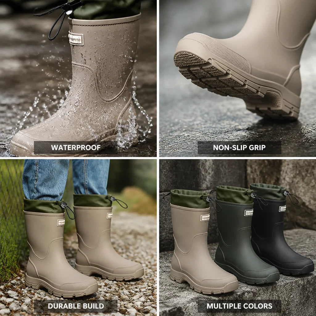 Waterproof Non-Slip Rubber Rain Boots for Women, Mid-Calf