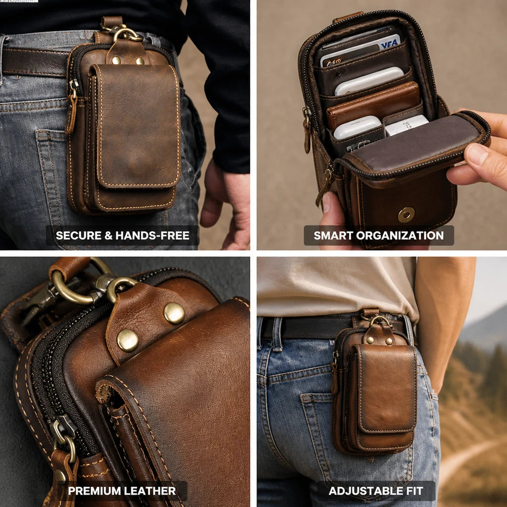 Full-grain cowhide leather waist bag with magnetic flap and zipper