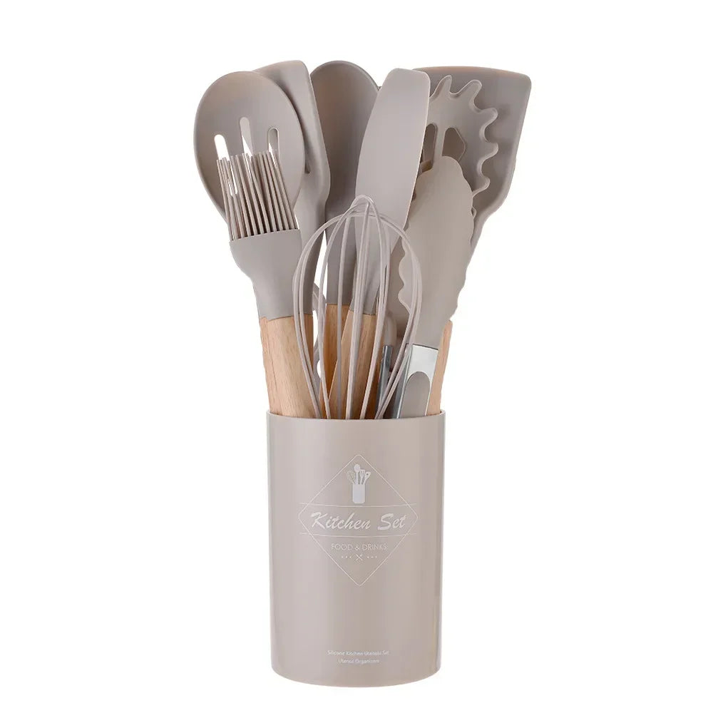 12-Piece Silicone Cooking Utensil Set with Wooden Handles