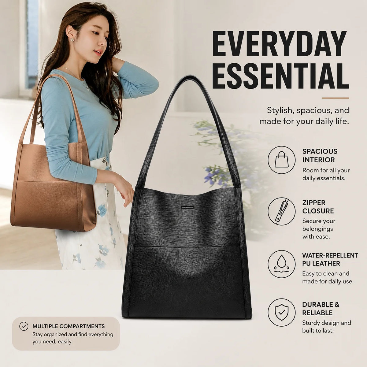 Leather carrying bag with multiple compartments