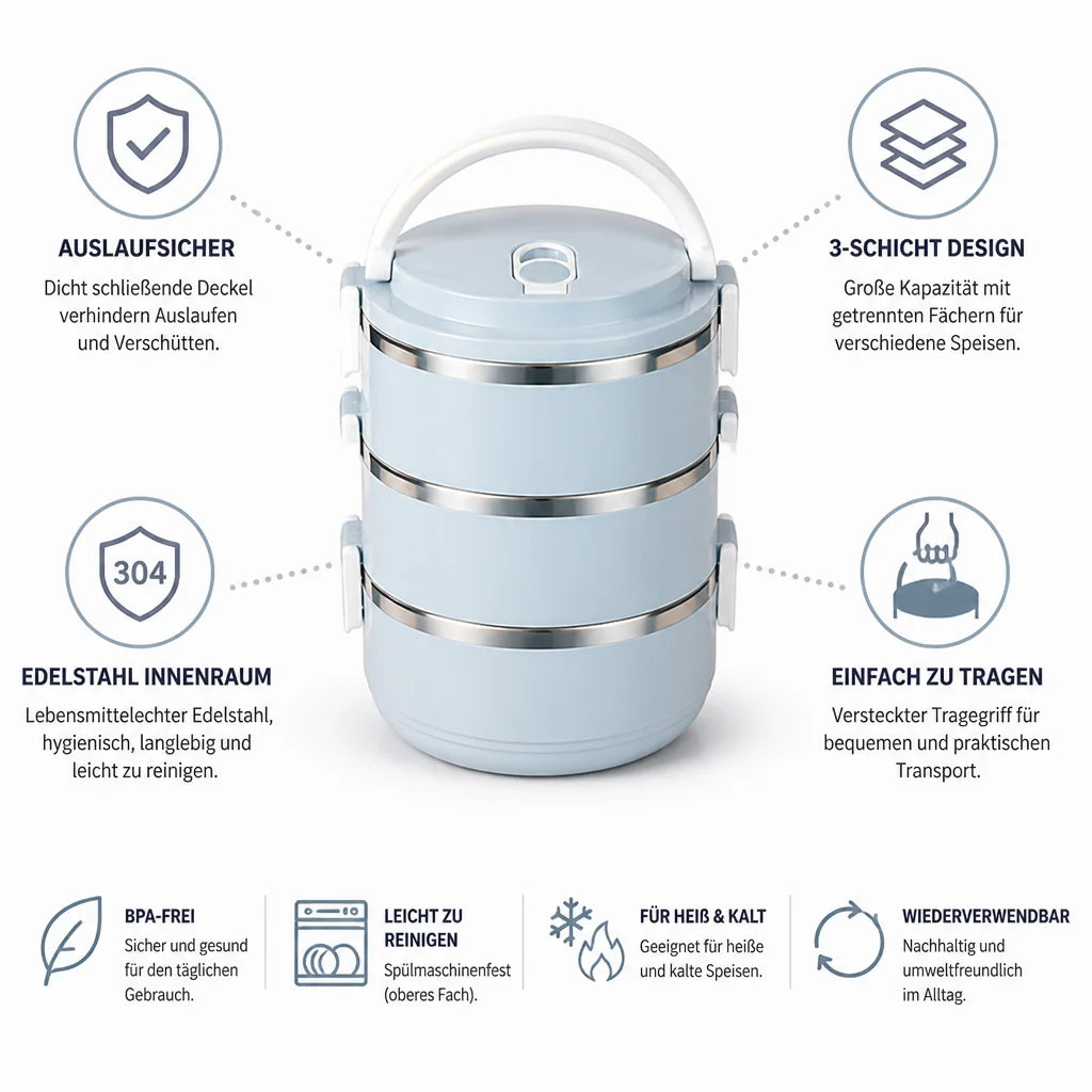 Stainless Steel Interior & Leak-Proof 3-Layer Lunch Box
