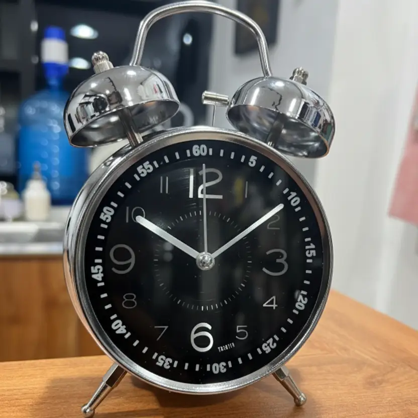 Retro Alarm Clock with Double Bell Silver Chrome