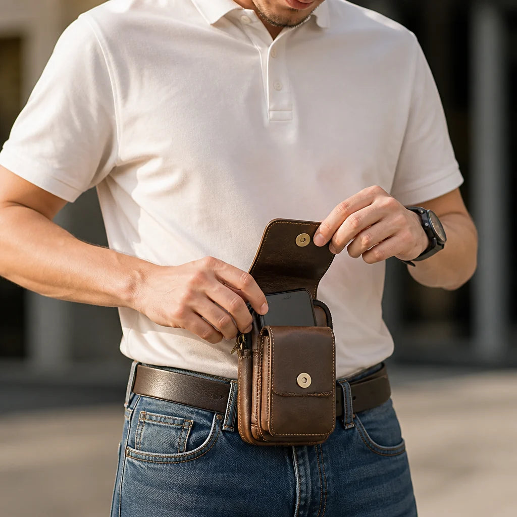 Full-grain cowhide leather waist bag with magnetic flap and zipper