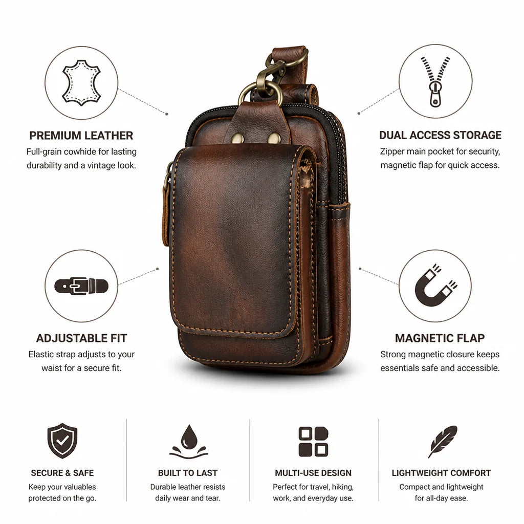 Full-grain cowhide leather waist bag with magnetic flap and zipper