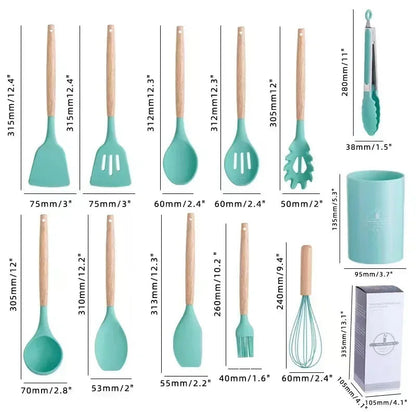 12-Piece Silicone Cooking Utensil Set with Wooden Handles