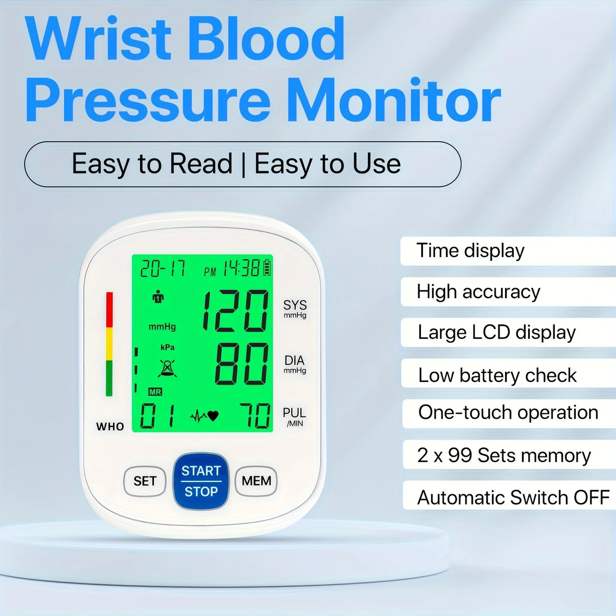 Wrist Blood Pressure Monitor with Illuminated Display