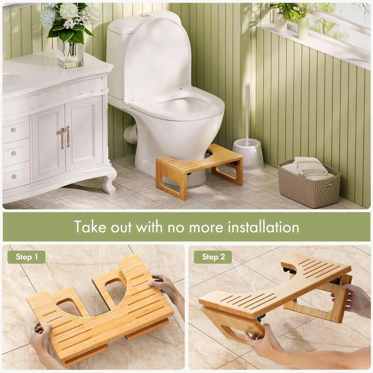 Foldable Bamboo Toilet Stool with Non-Slip Feature