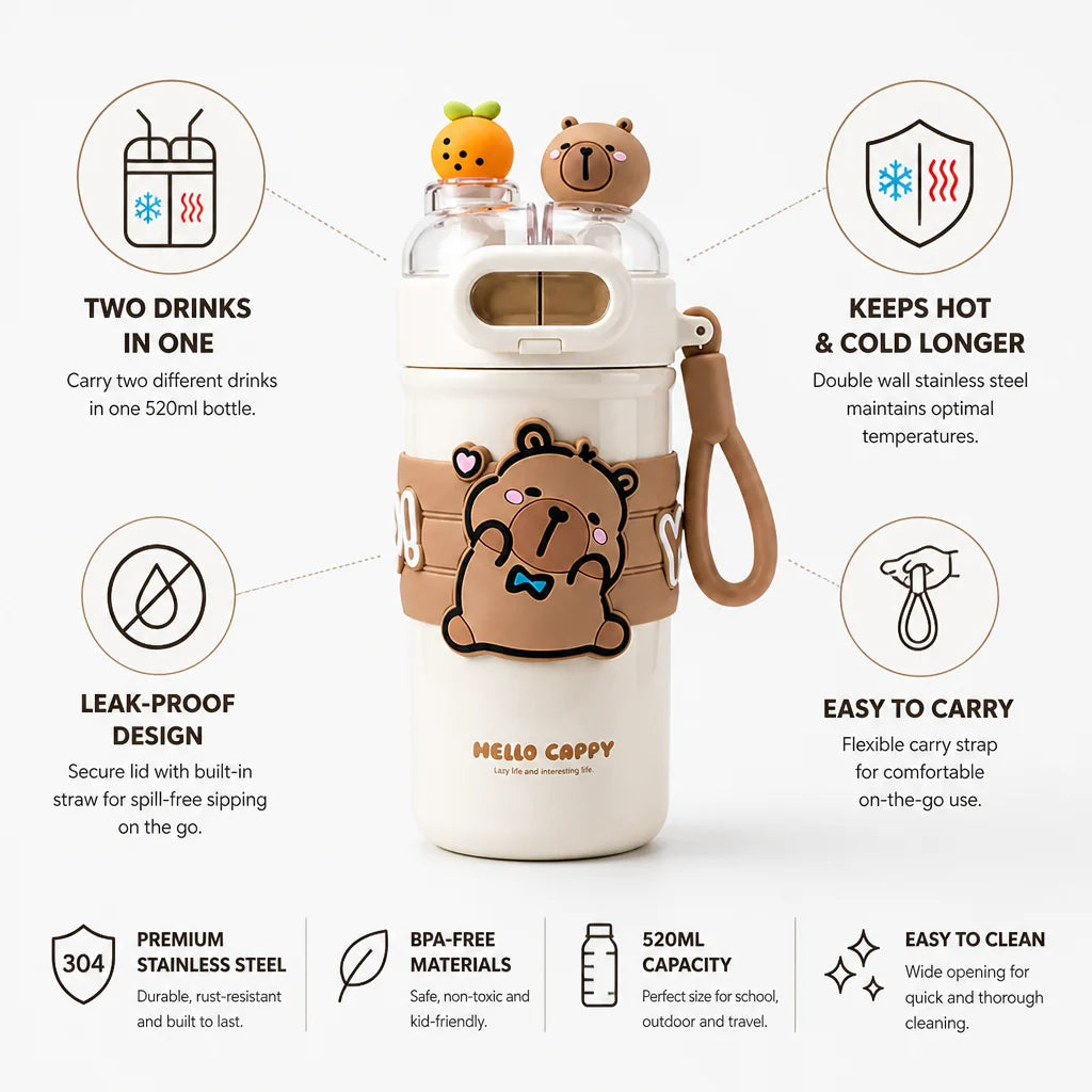 Insulated stainless steel water bottle for children with two compartments (520 ml)