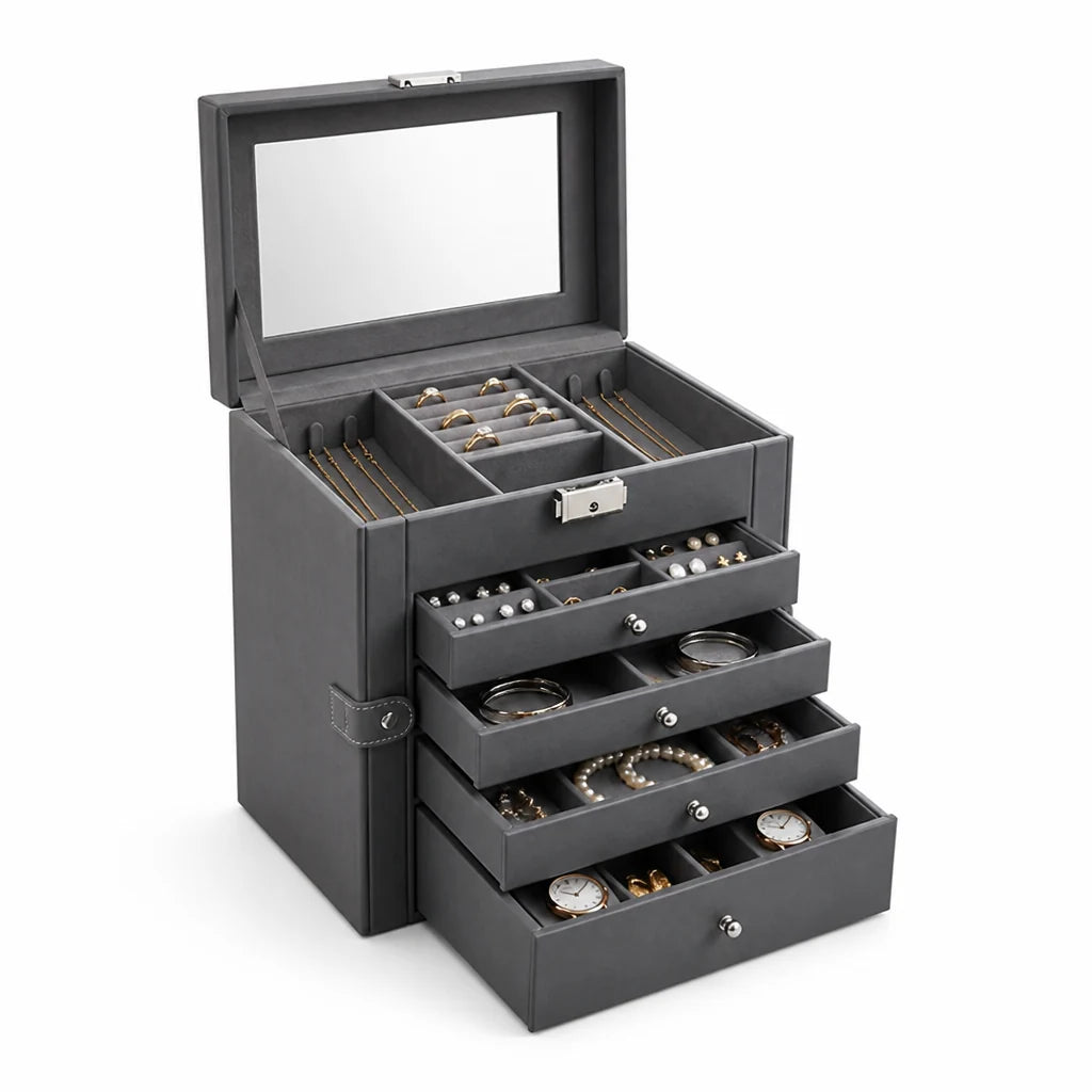 Six-Tier Jewelry Organizer with Velvet Lining (Built-in Mirror & Lock)
