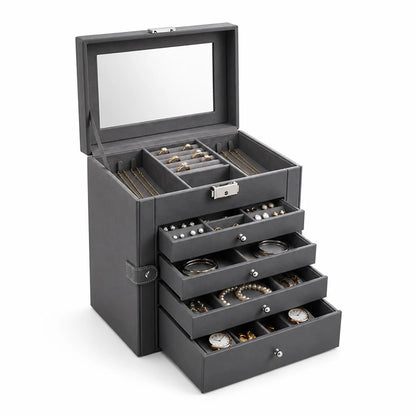 Six-Tier Jewelry Organizer with Velvet Lining (Built-in Mirror & Lock)