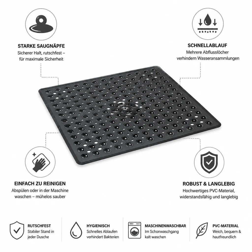 Non-slip Shower Mat with Suction Cups & Quick Drainage (Machine Washable)