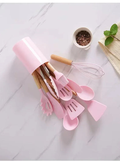12-Piece Silicone Cooking Utensil Set with Wooden Handles