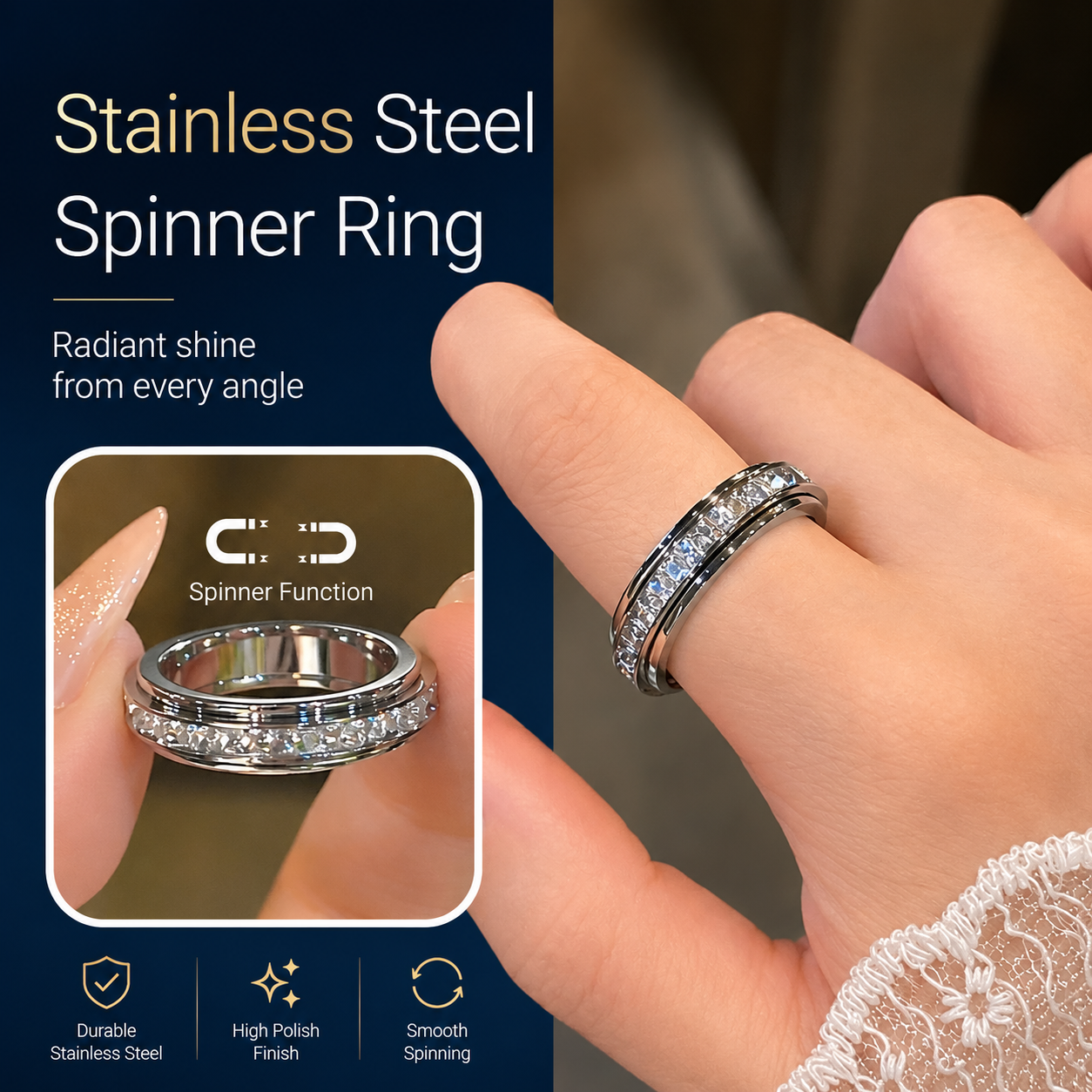 Titanium Steel Spinner Ring with Zirconia