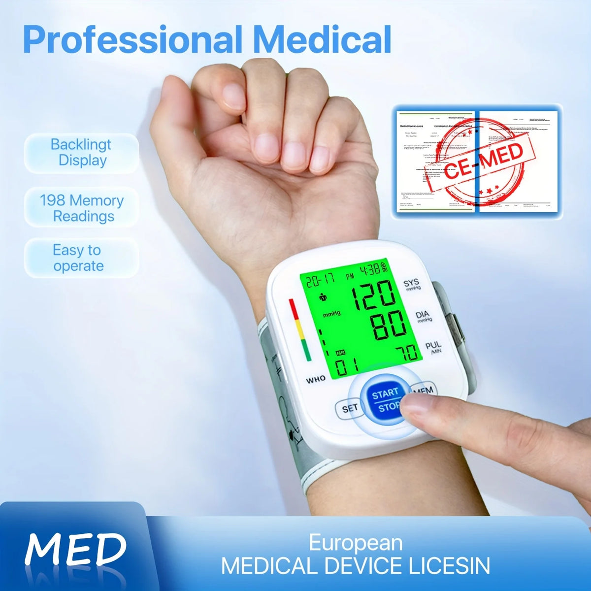 Wrist Blood Pressure Monitor with Illuminated Display