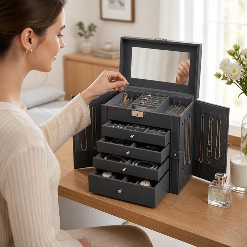 Six-Tier Jewelry Organizer with Velvet Lining (Built-in Mirror & Lock)