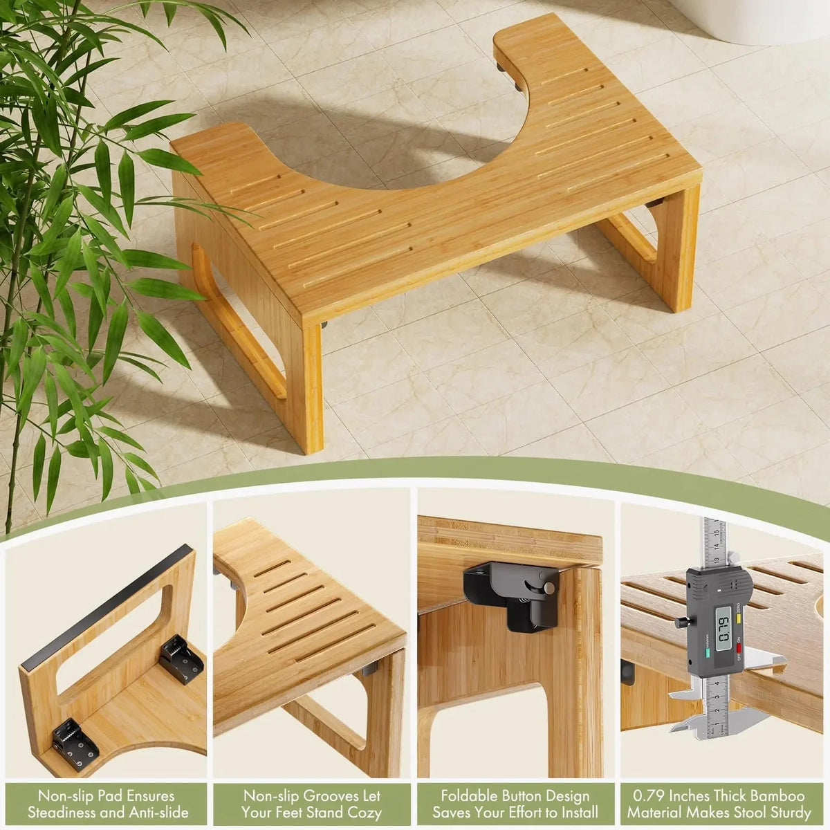 Foldable Bamboo Toilet Stool with Non-Slip Feature
