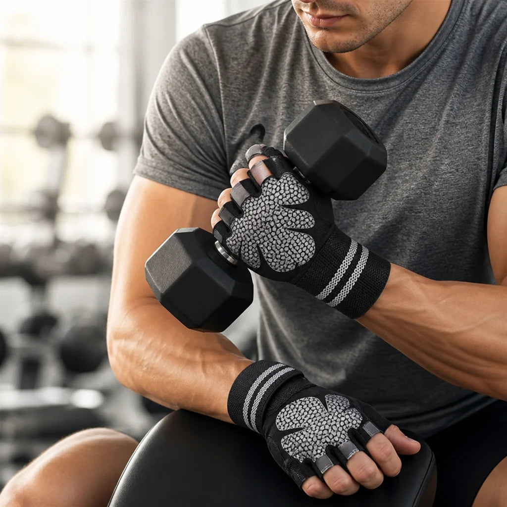 Non-slip Microfiber Padded Wrist Bands Fitness Gloves (Half-finger)