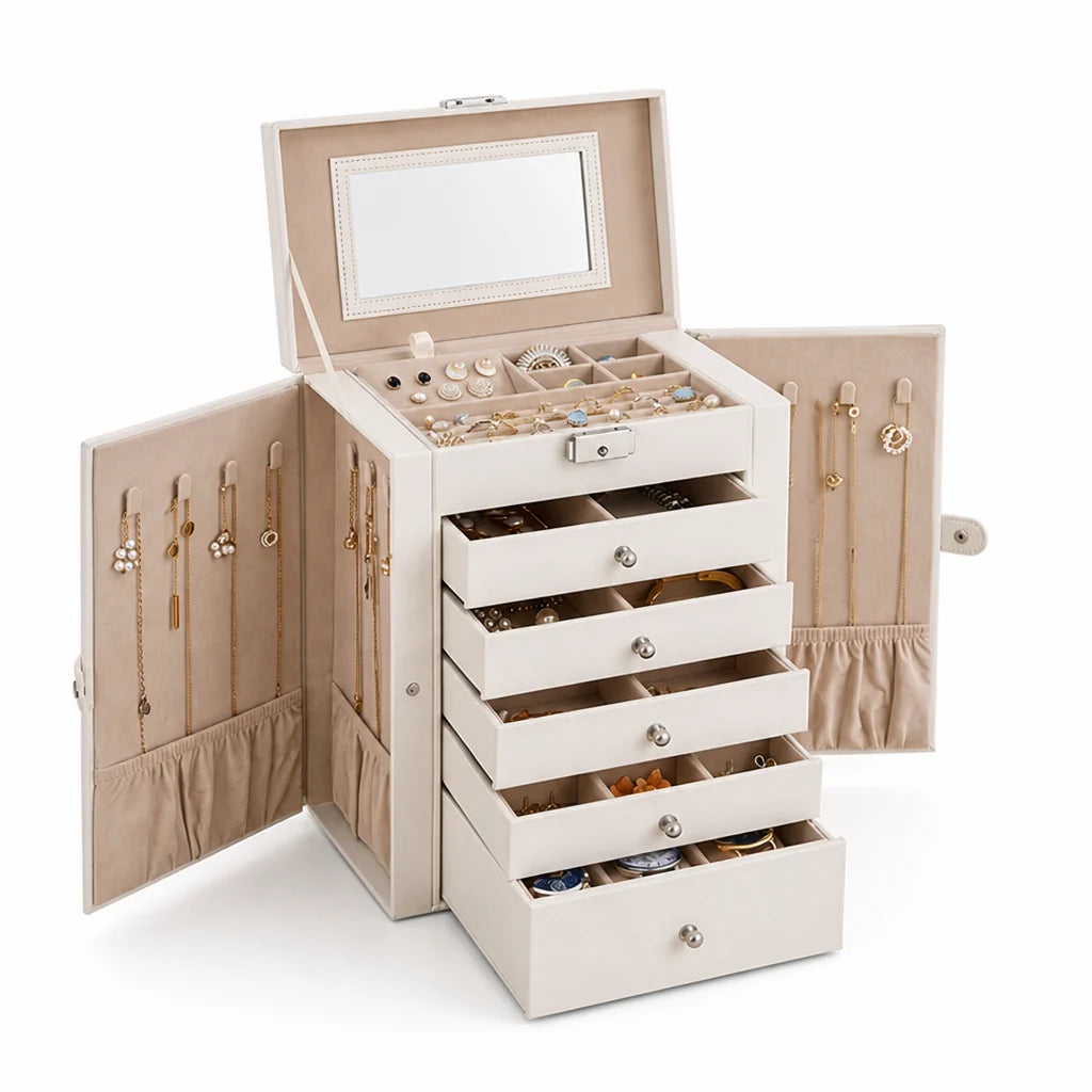 Six-Tier Jewelry Organizer with Velvet Lining (Built-in Mirror & Lock)